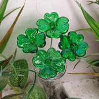 Glass 4 leaf Clover Shamrock, Luck of the Irish, kelly green handblown lampwork plant pick on 5in wire. bouquet, Irish gift, approx 3/4inch