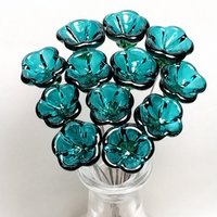 Light Seagreen Teal glass flowers on wire, tiny small mini handcrafted lampwork, jewelry, mixed media, wedding, cake decor, small great gift