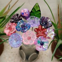 Pink Purple Lavender Bouquet ~glass flower/leaf , tiny small glass flowers handcrafted lampwork, gift, curio, windowsill, wedding