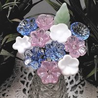 Pink and Blue Glass Flower Bouquet, tiny small flowers; handmade lampwork, gift, wedding, pastel, jewelry, baby, it's a boy, gender reveal