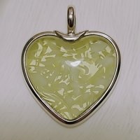 My Heart Glows! Uranium Large Heart 1.25" (30mm) vasoline glass with white victorian-lace swirls; wirewrapping, jewelry, pocket heart, gift,