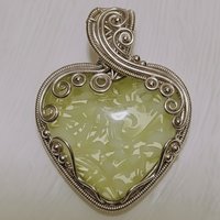 My Heart Glows! Uranium Large Heart 1.25" (30mm) vasoline glass with white victorian-lace swirls; wirewrapping, jewelry, pocket heart, gift,