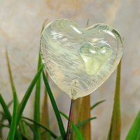 Wispy uranium vasoline glass on clear heart plant pick on 5in wire. Use for floral bouquet, plants, jewelry, gifts; handmade; 395nm