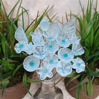 New! SOFT AQUA GLOW uv reactive glass flowers; miniature tiny small glass flowers on wire; handcrafted lampwork; bright aqua glow in 395nm