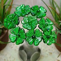 Glass 4 leaf Clover Shamrock, Luck of the Irish, kelly green handblown lampwork plant pick on 5in wire. bouquet, Irish gift, approx 3/4inch