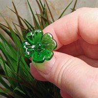 Glass 4 leaf Clover Shamrock, Luck of the Irish, kelly green handblown lampwork plant pick on 5in wire. bouquet, Irish gift, approx 3/4inch