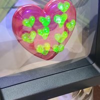 Red Glass + Uranium Vaseline Hearts; Hidden small uranium hearts with bubbles appear in UV light,  LG Heart 1.25" (30mm) Valentine's Love
