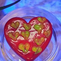 Red Glass + Uranium Vaseline Hearts; Hidden small uranium hearts with bubbles appear in UV light,  LG Heart 1.25" (30mm) Valentine's Love