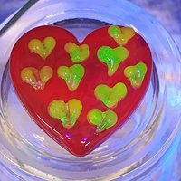 Red Glass + Uranium Vaseline Hearts; Hidden small uranium hearts with bubbles appear in UV light,  LG Heart 1.25" (30mm) Valentine's Love