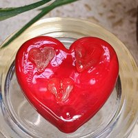 Red Glass + Uranium Vaseline Hearts; Hidden small uranium hearts with bubbles appear in UV light,  LG Heart 1.25" (30mm) Valentine's Love