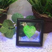 My Heart Glows! Uranium Large Heart 1.25" (30mm) vasoline glass with white victorian-lace swirls; wirewrapping, jewelry, pocket heart, gift,