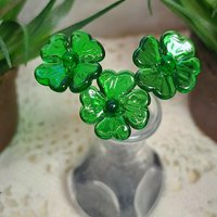Glass 4 leaf Clover Shamrock, Luck of the Irish, kelly green handblown lampwork plant pick on 5in wire. bouquet, Irish gift, approx 3/4inch