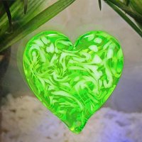 My Heart Glows! Uranium Large Heart 1.25" (30mm) vasoline glass with white victorian-lace swirls; wirewrapping, jewelry, pocket heart, gift,