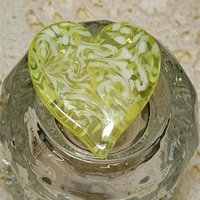 My Heart Glows! Uranium Large Heart 1.25" (30mm) vasoline glass with white victorian-lace swirls; wirewrapping, jewelry, pocket heart, gift,
