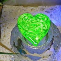 My Heart Glows! Uranium Large Heart 1.25" (30mm) vasoline glass with white victorian-lace swirls; wirewrapping, jewelry, pocket heart, gift,