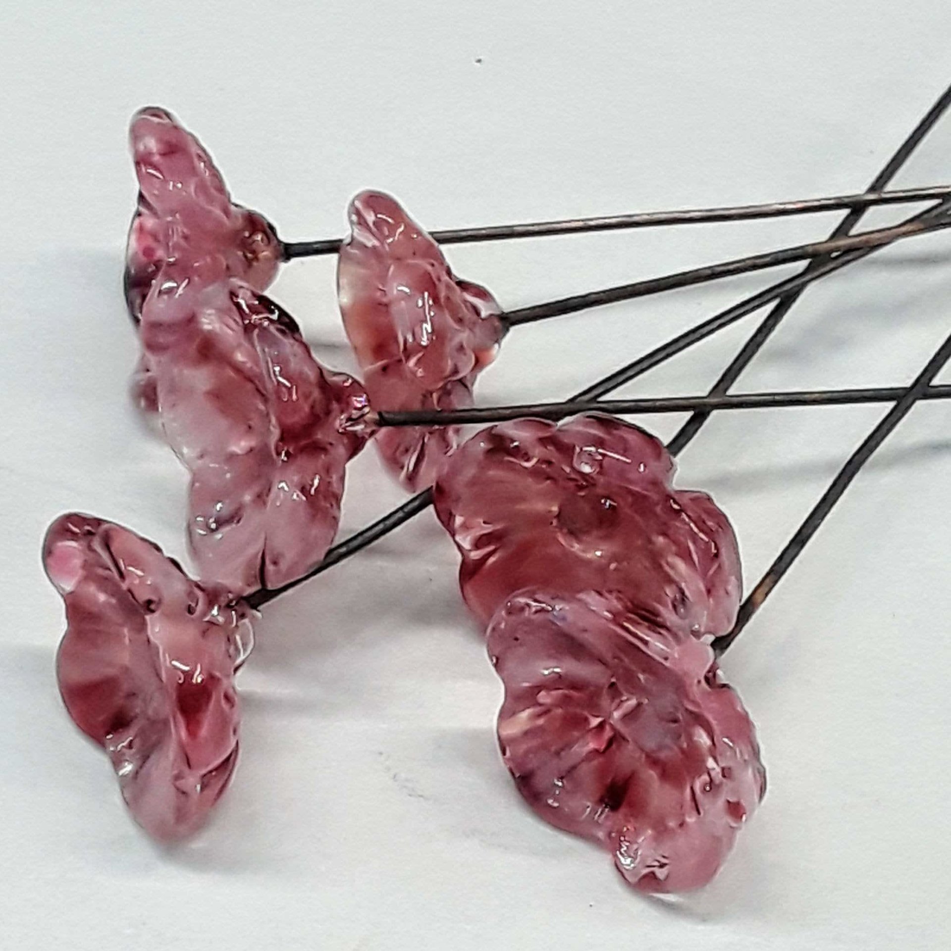 Pink Variegated glass flowers, tiny small mini glass flowers on wire; handcrafted lampwork, jewelry, mixed media, wedding plant gift