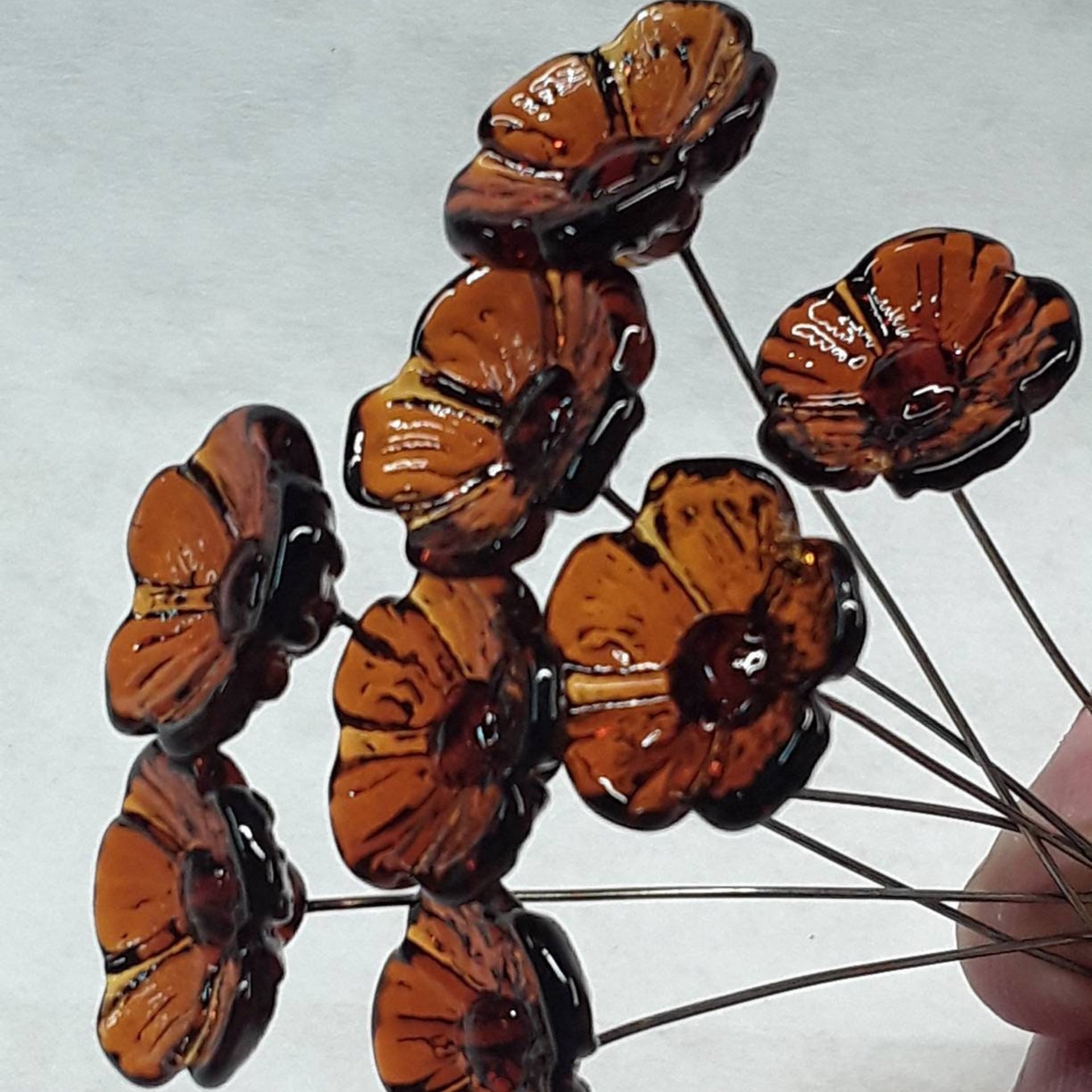 Dark Amber glass flowers, tiny small mini glass flowers on wire; lampwork, jewelry supply, forever flower, mixed media, wedding, small gifts