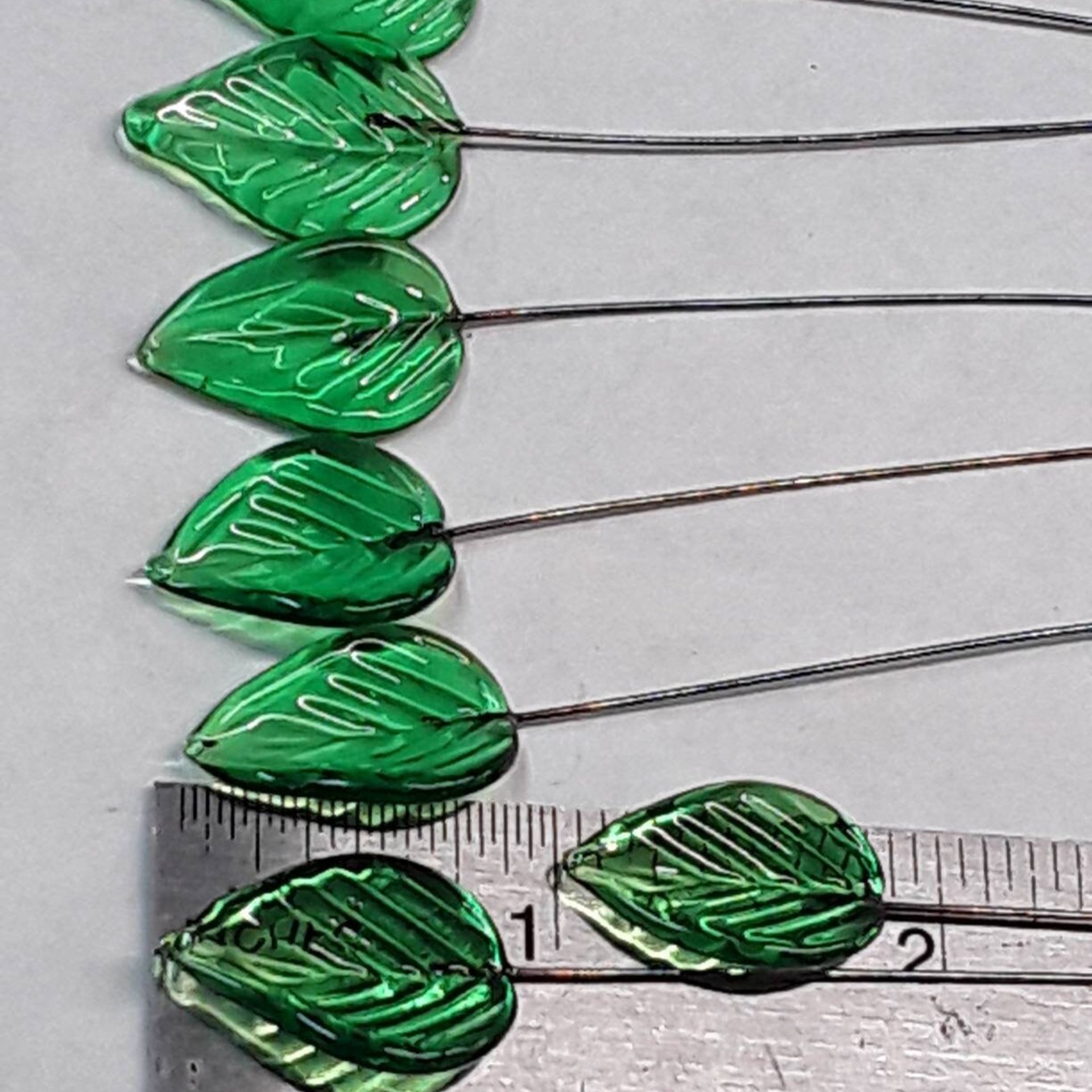 Elegant Medium Green Glass Leaf Headpins;  tiny, small glass leaf shape on wire. Perfect for jewelry, mixed media, wedding decor, host gift