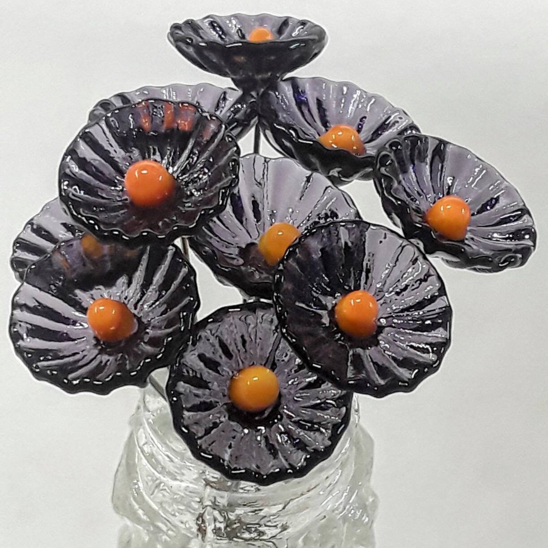 Purple & Gold Coral Disk mini tiny small glass flowers on wire;handcrafted lampwork, alumni school spirit, jewelry, wedding, great gifts