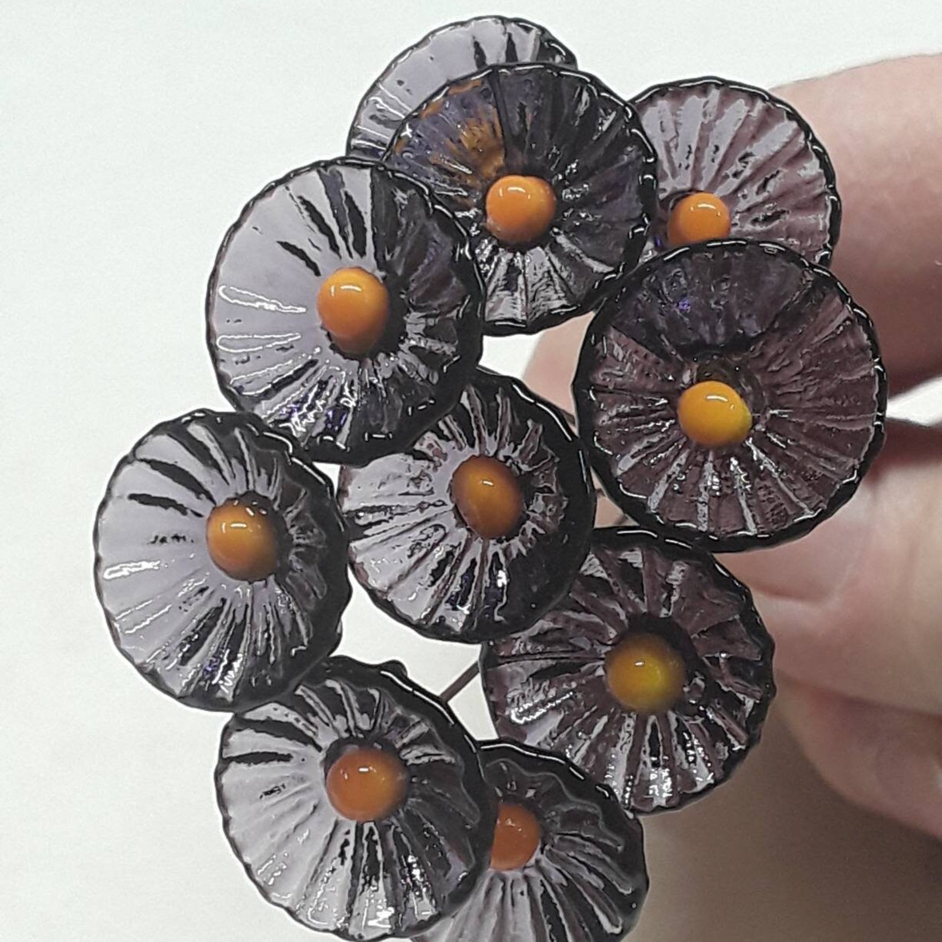 Purple & Gold Coral Disk mini tiny small glass flowers on wire;handcrafted lampwork, alumni school spirit, jewelry, wedding, great gifts