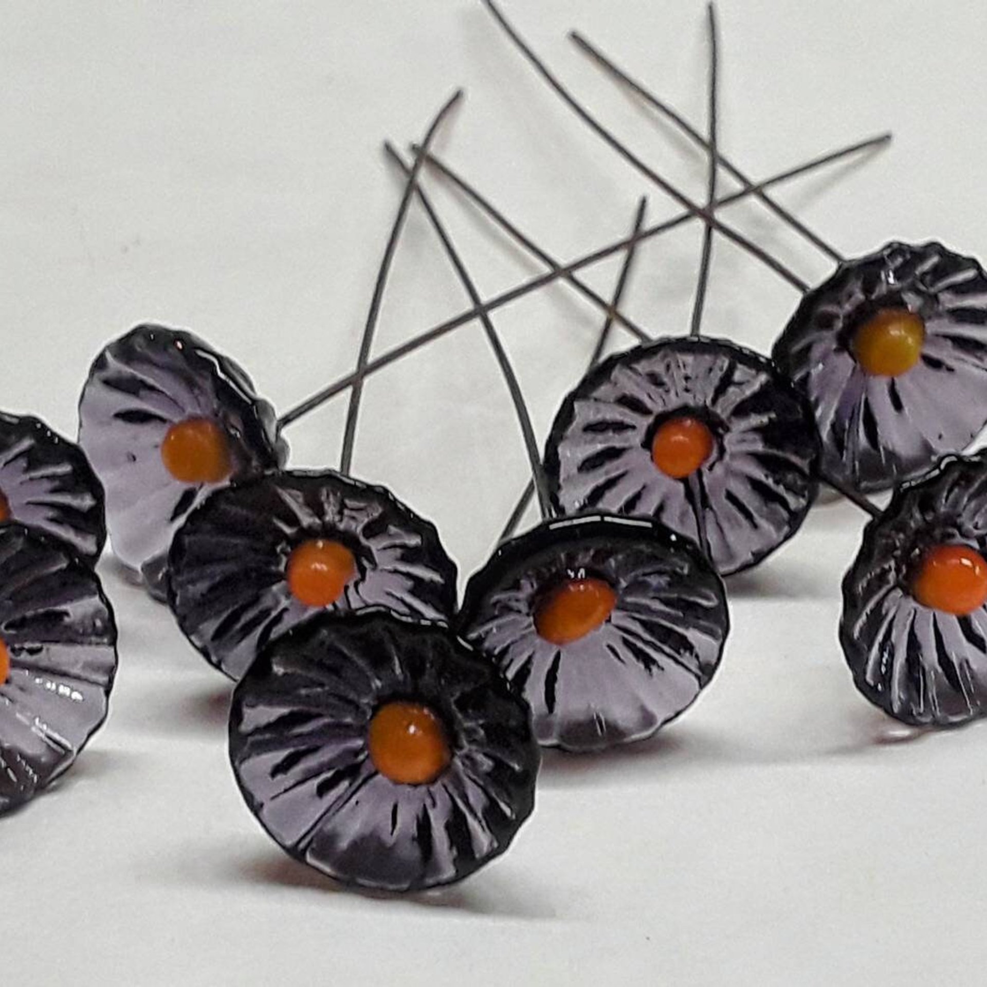 Purple & Gold Coral Disk mini tiny small glass flowers on wire;handcrafted lampwork, alumni school spirit, jewelry, wedding, great gifts