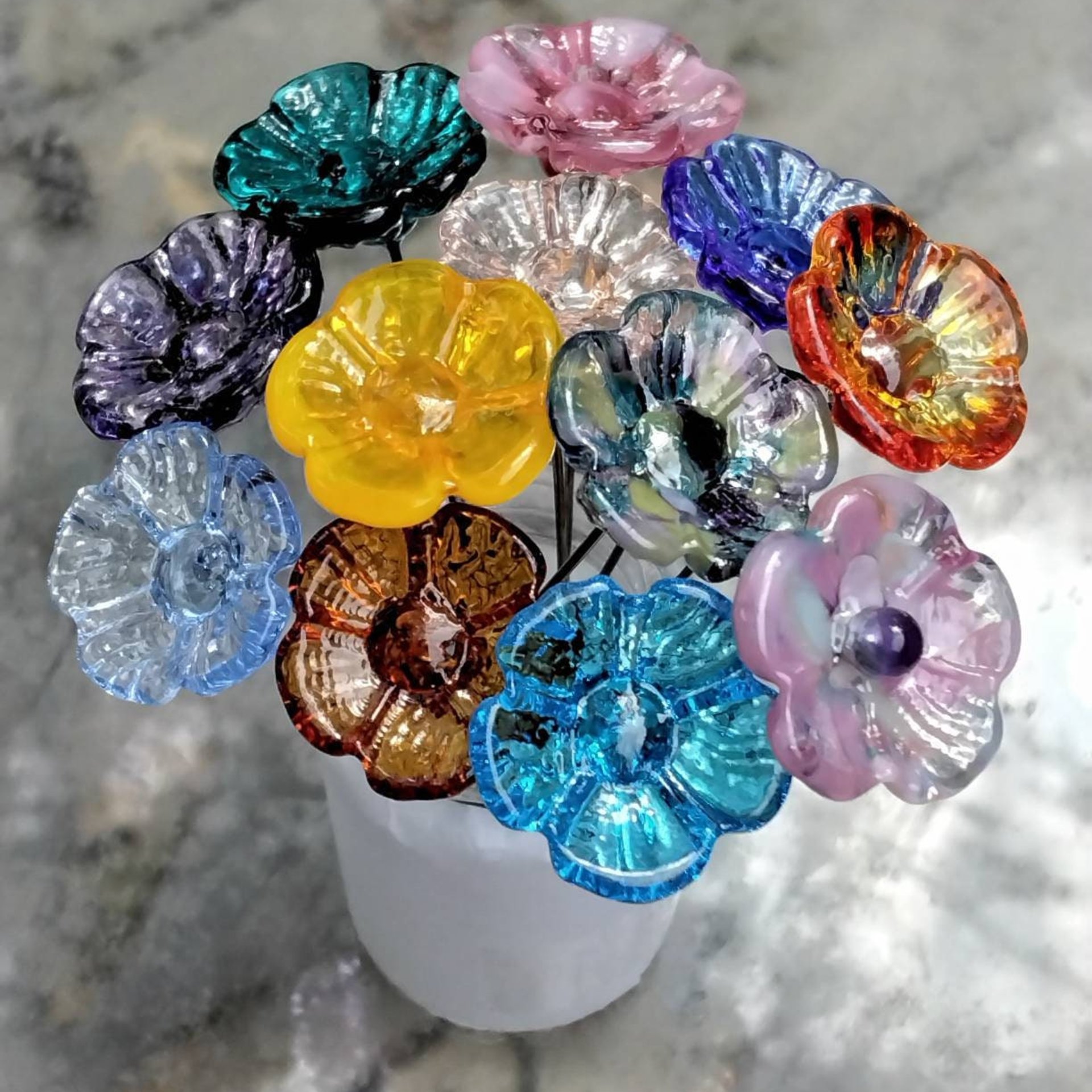 5-petal glass flower headpins ~ tiny small mini glass flowers on wire - flower bouquet; individually crafted lampwork for jewelry, bouquets