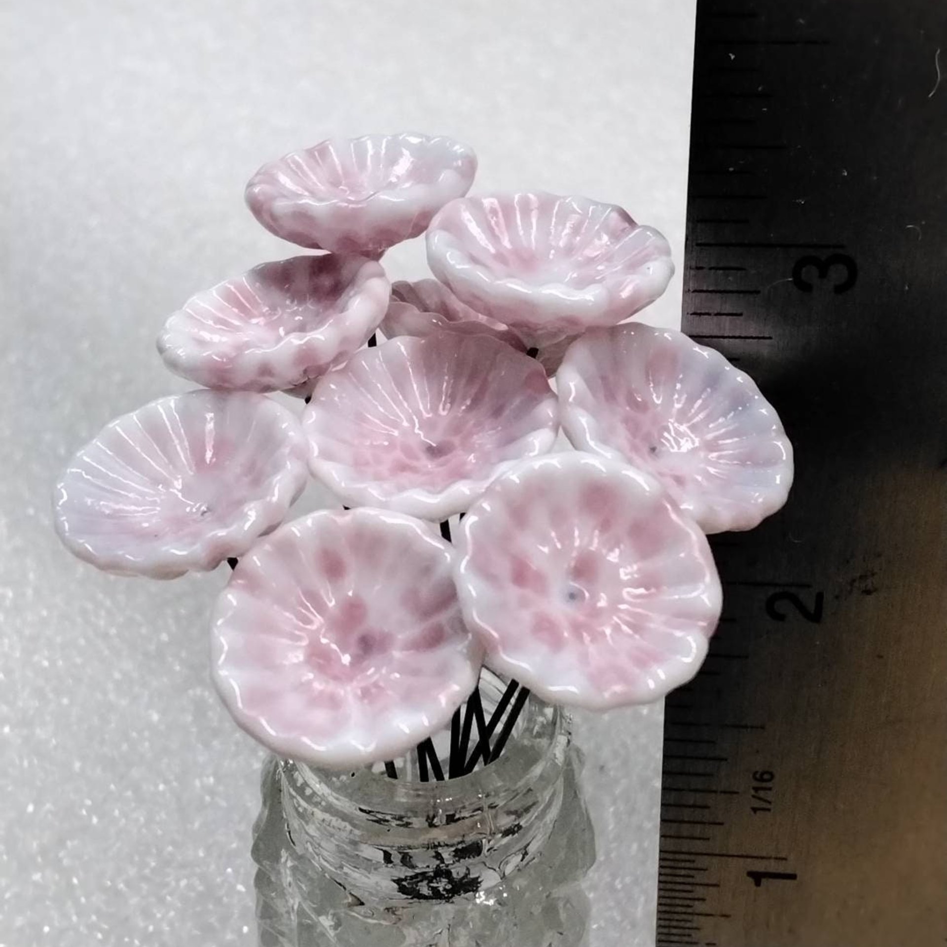SOFT PINK MOTTLE on White Coral Disk glass flower headpins ~ tiny small mini glass flowers on wire; lampwork, jewelry, mixed media, gifts
