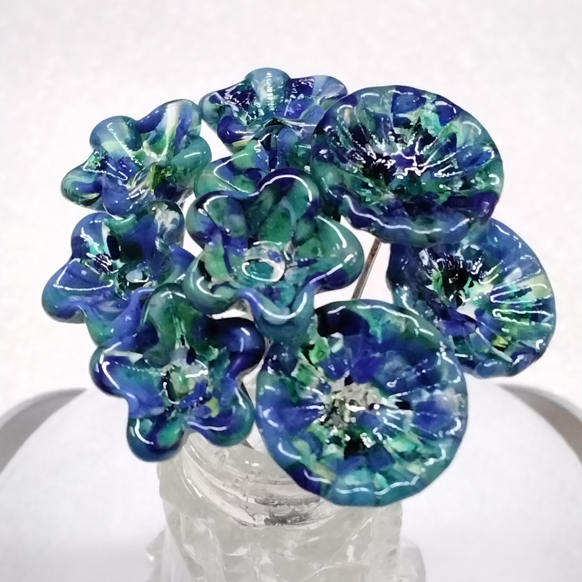 GREEN/BLUE SPRINKLES glass flower headpins, tiny small mini glass flowers on wire; handcrafted lampwork, jewelry, mixed media, wedding, gift