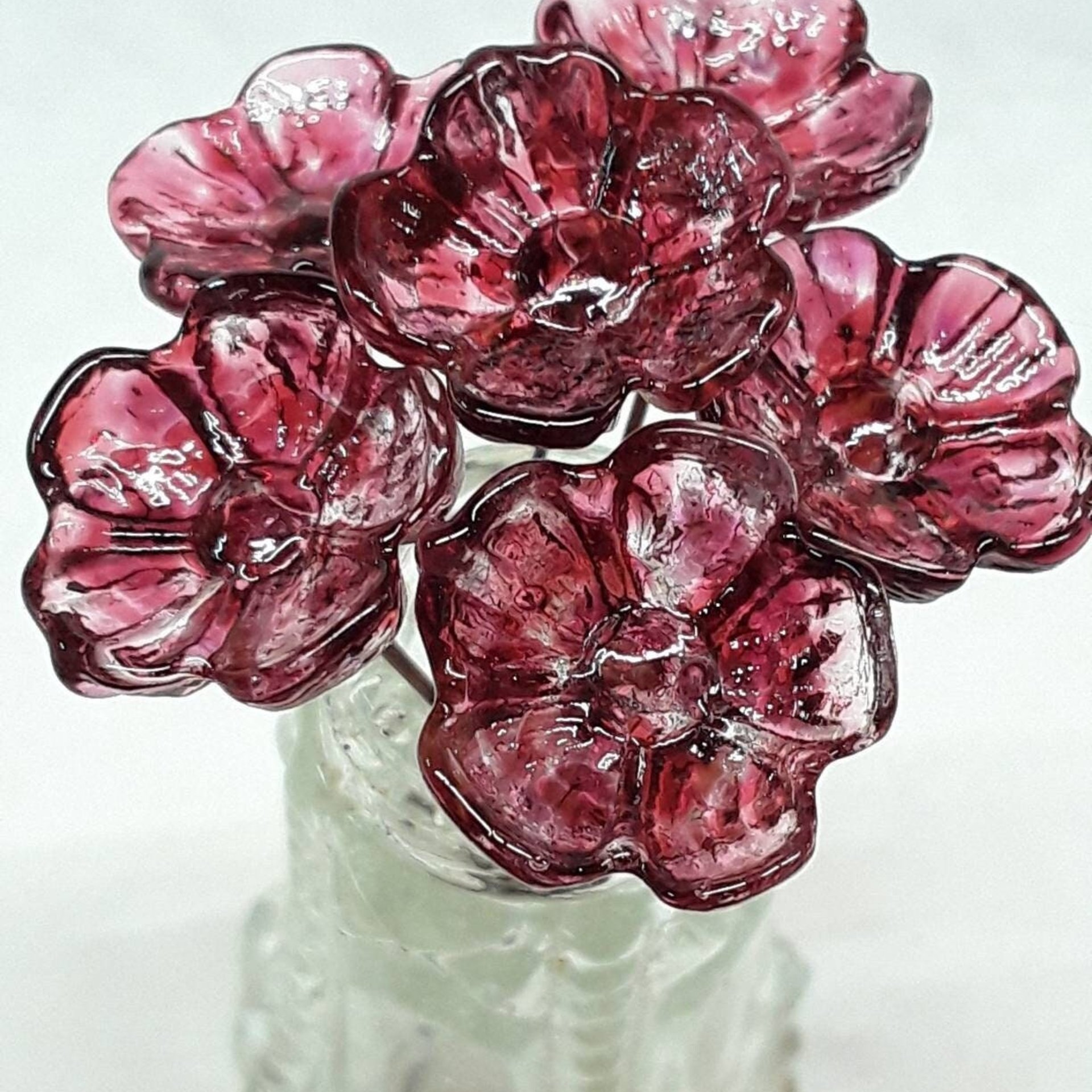 Variegated Cranberry glass flower on wire headpins; tiny small mini glass flowers  handmade lampwork, jewelry, bouquets, gifts, mixed media
