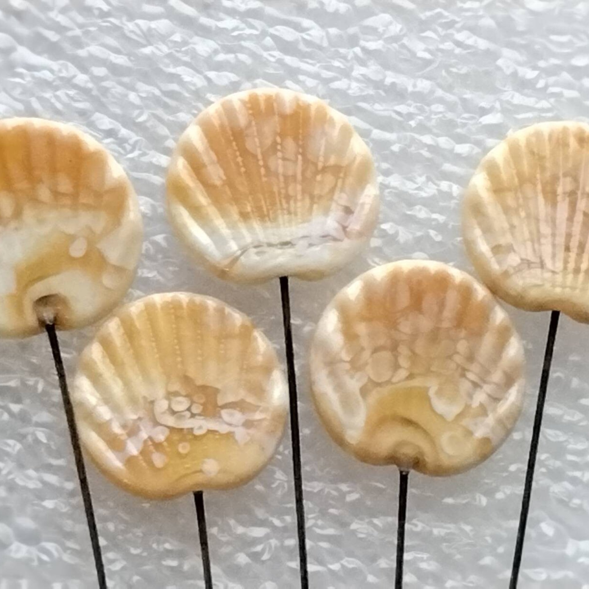 Shell Fan miniature flower glass headpins;  tiny small mini glass flowers on wire; individually crafted lampwork