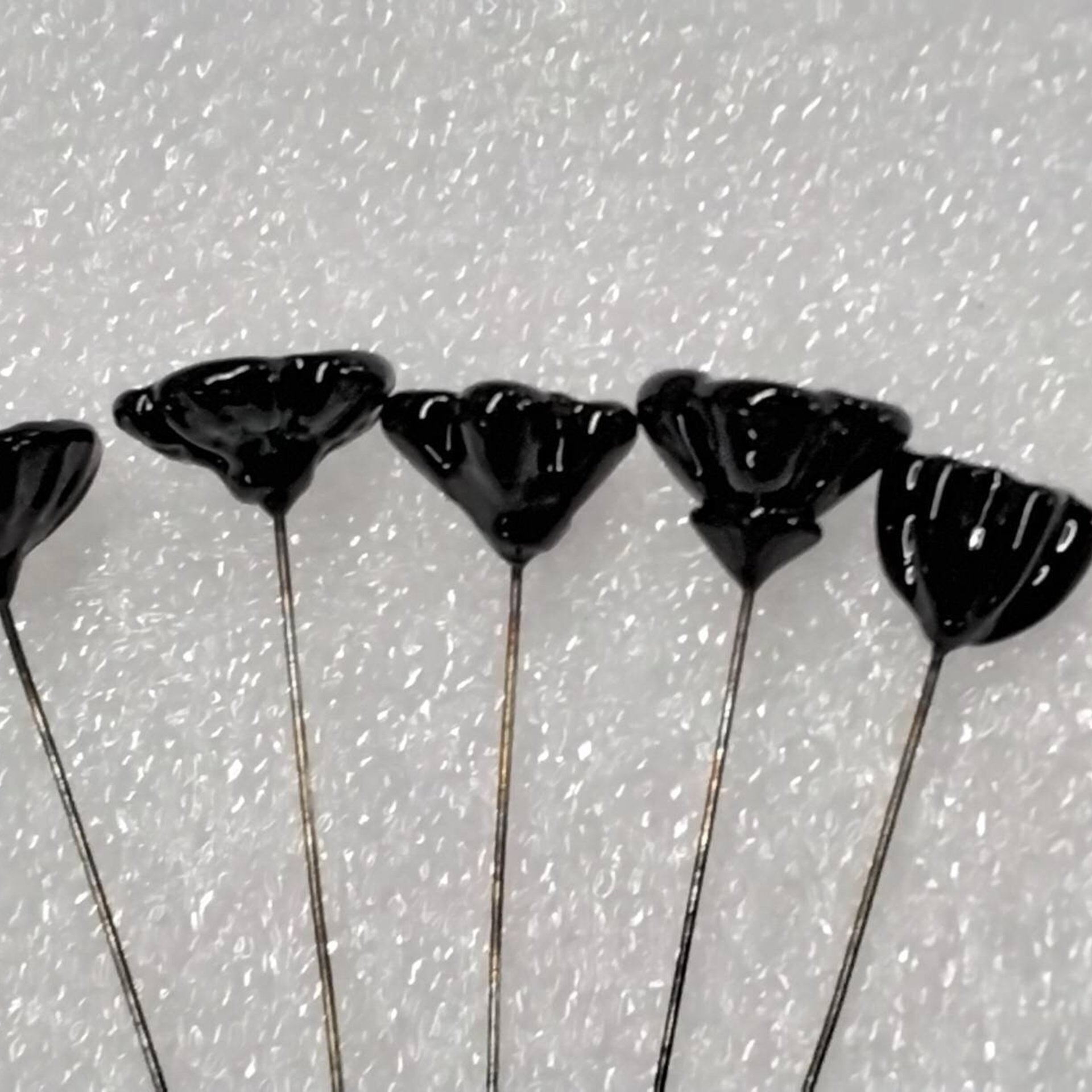 MODERN SOLID BLACK flower glass headpins; tiny small mini glass flowers on wire; individually crafted lampwork, jewelry, mixed media, gifts