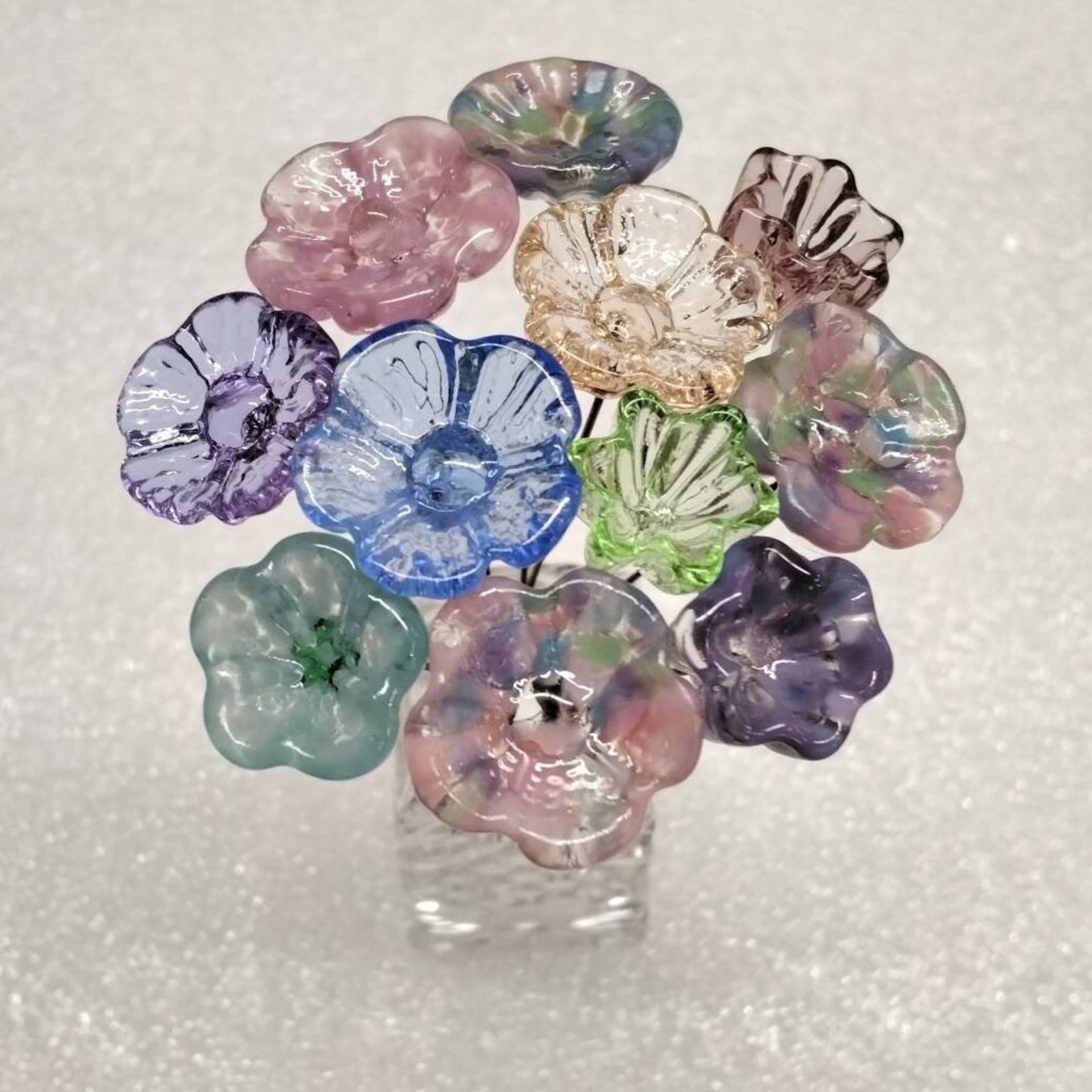 SPRING PASTELS Bouquet ~ glass flower/leaf bouquet, tiny small glass flowers; handcrafted lampwork, gift, wedding, pastel, jewelry, baby