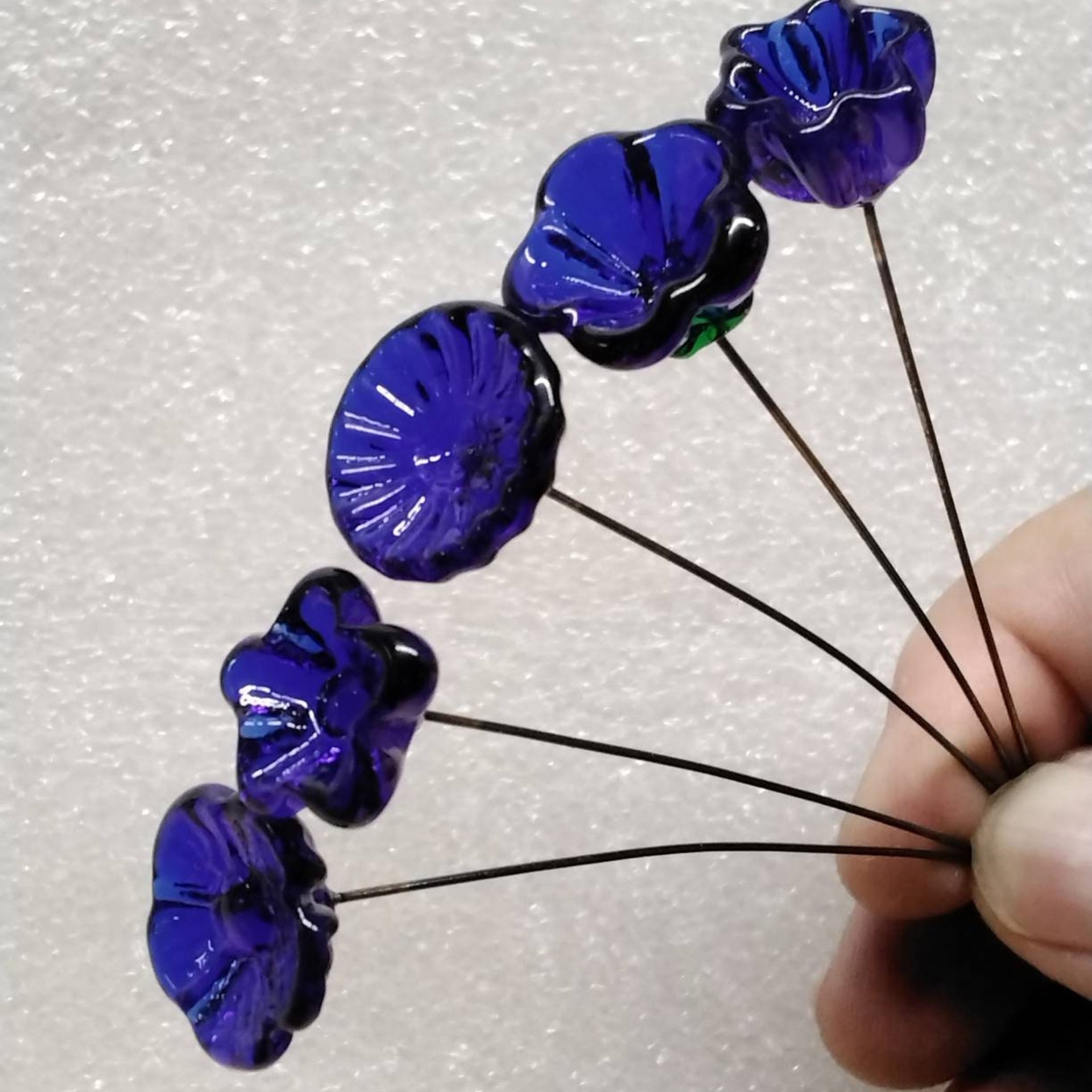 Cobalt blue glass (healing) flower headpins; tiny small mini glass flowers; handcrafted lampwork; jewelry, mixed media, little bouquet gift