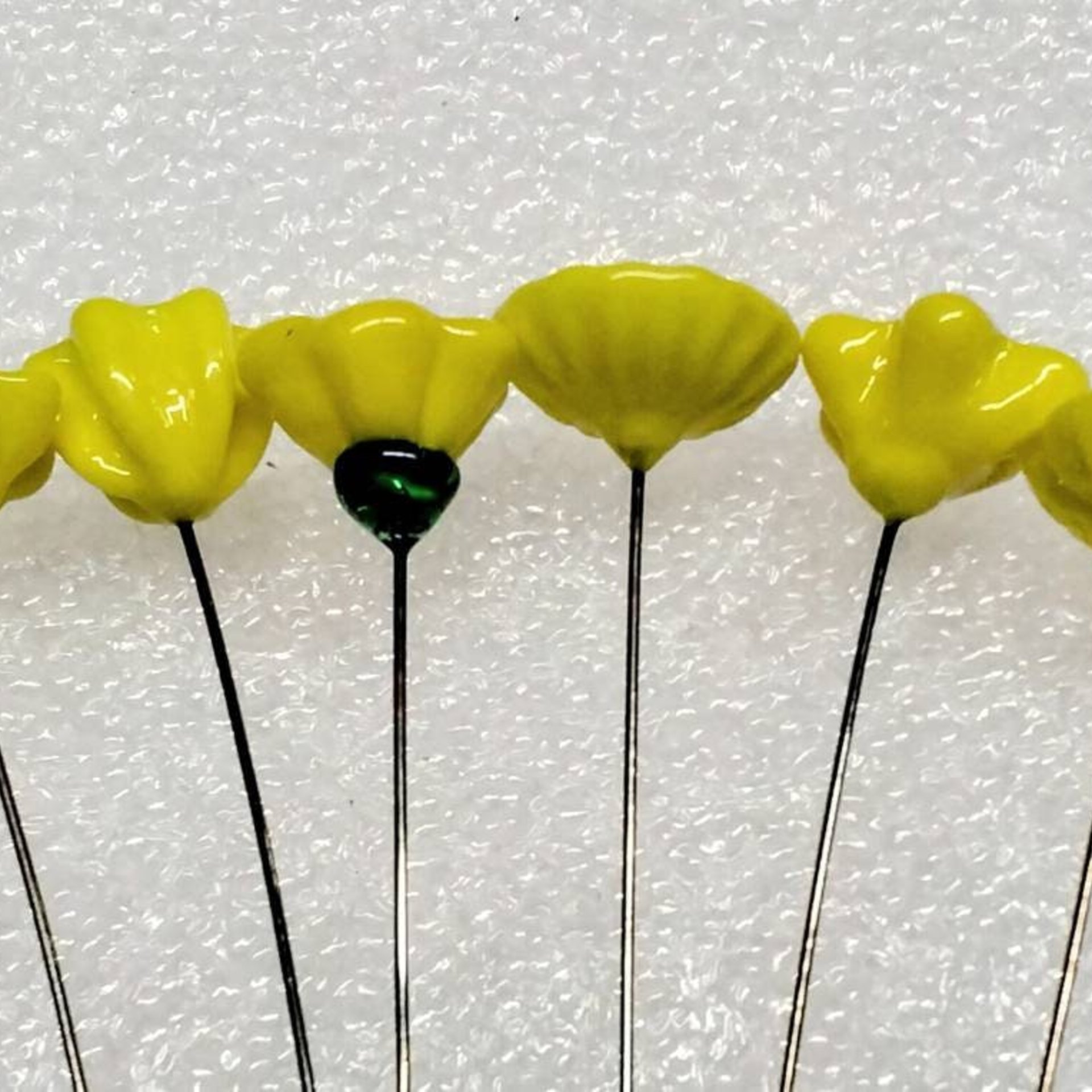 BRIGHT YELLOW glass flower headpins; tiny small mini glass flowers on wire; hancrafted lampwork, jewelry, curio, mixed media, little gift