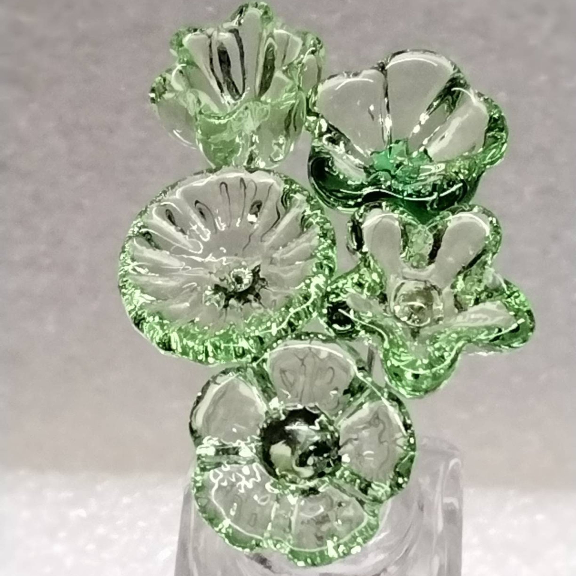 CRYSTAL GREEN (very light) glass flower headpins; tiny small mini glass flowers on wire; individually crafted lampwork glass in my studio