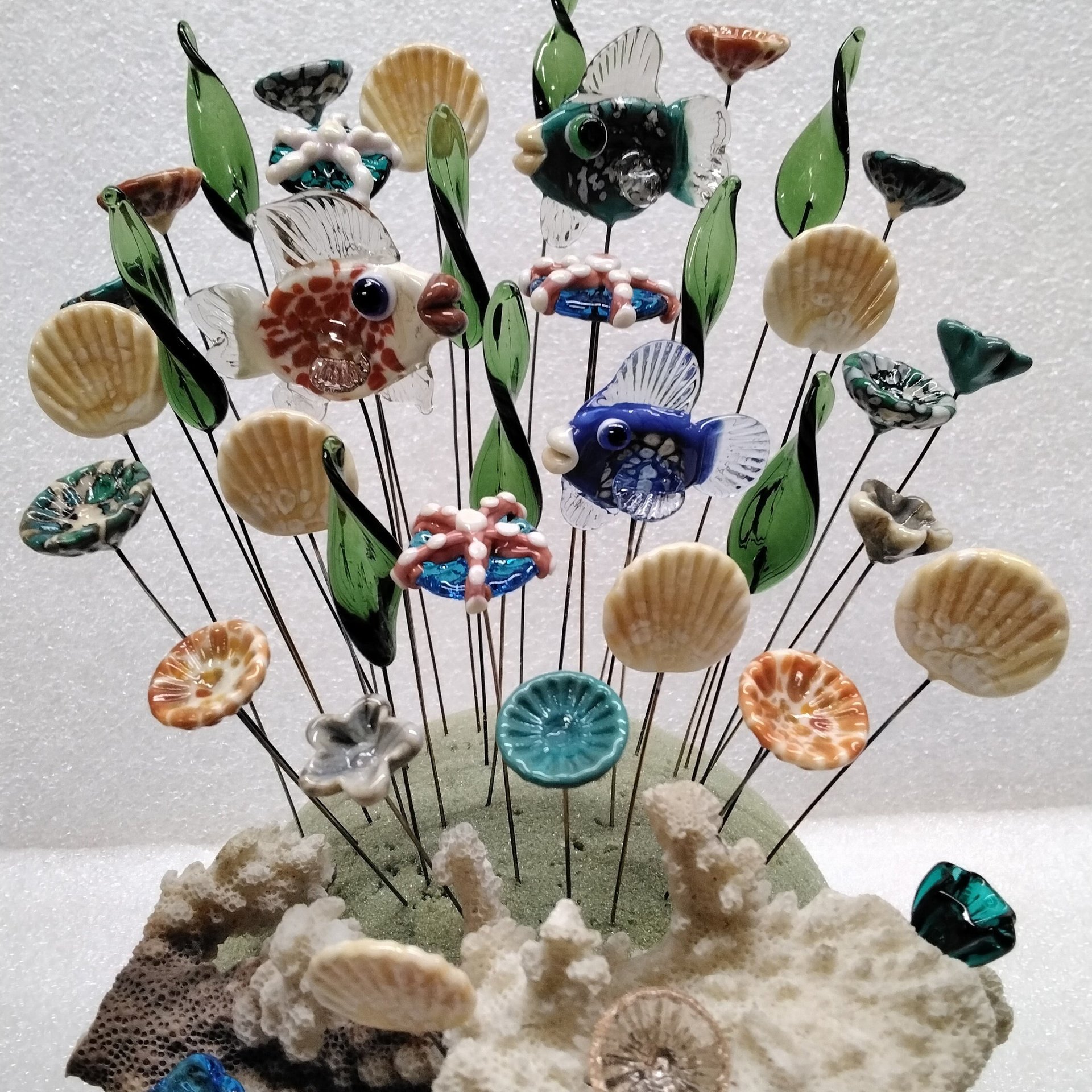 RAINBOW KALEIDOSCOPE FISH glass sculpture 5" high; handmade lampwork small fish sculpture on wire  ~ tiny small miniature glass fish