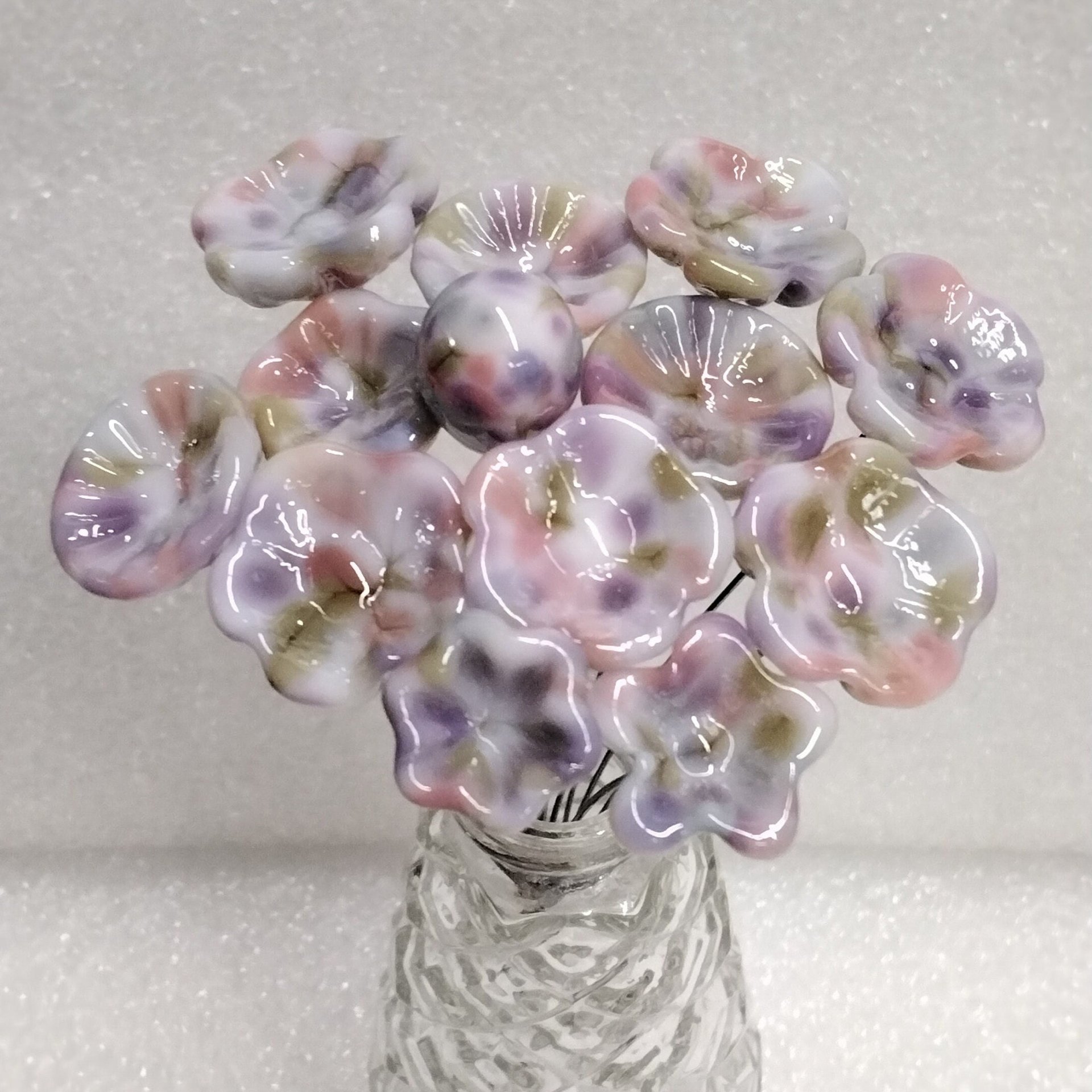 Grandma's Quilt glass flowers; tiny small mini glass flowers on wire; individually crafted lampwork; vintage, antique, nostalgic soft pastel
