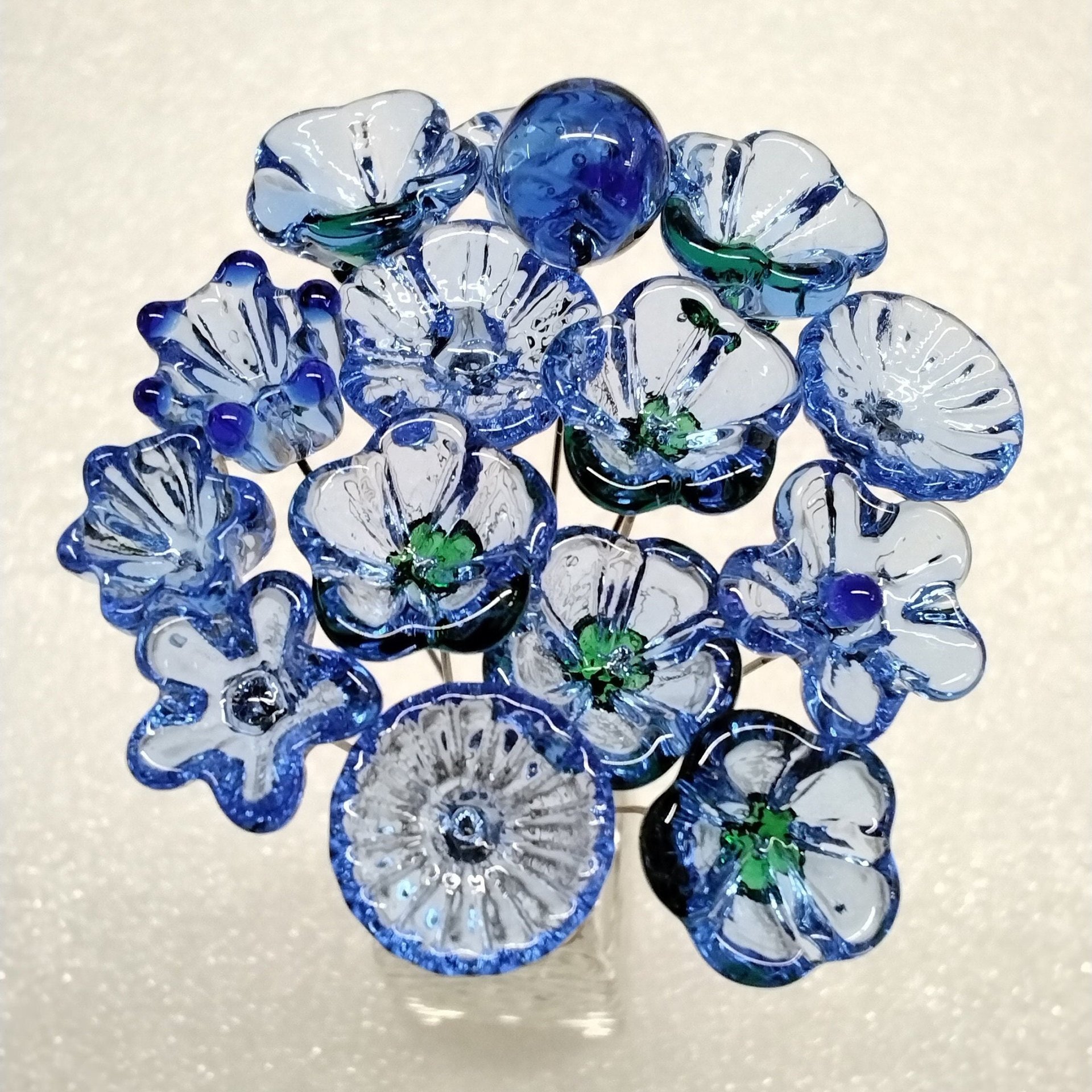 LIGHT BLUE glass flower headpins ~ tiny, small miniature glass flowers on wire;  jewelry, wedding, bouquet, mixed media, great for gifts