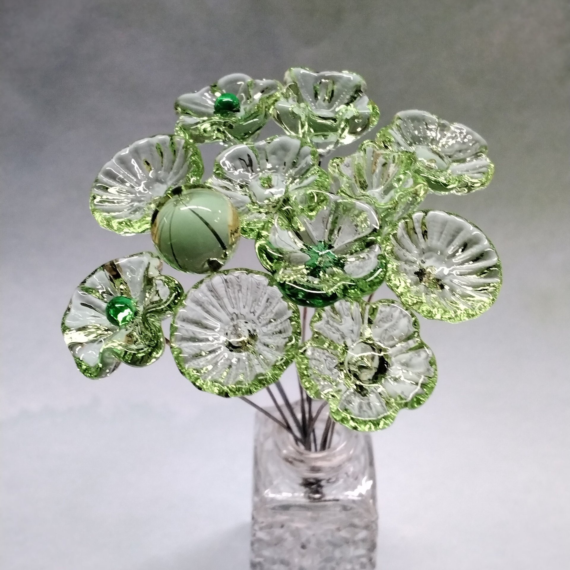 CRYSTAL GREEN (very light) glass flower headpins; tiny small mini glass flowers on wire; individually crafted lampwork glass in my studio