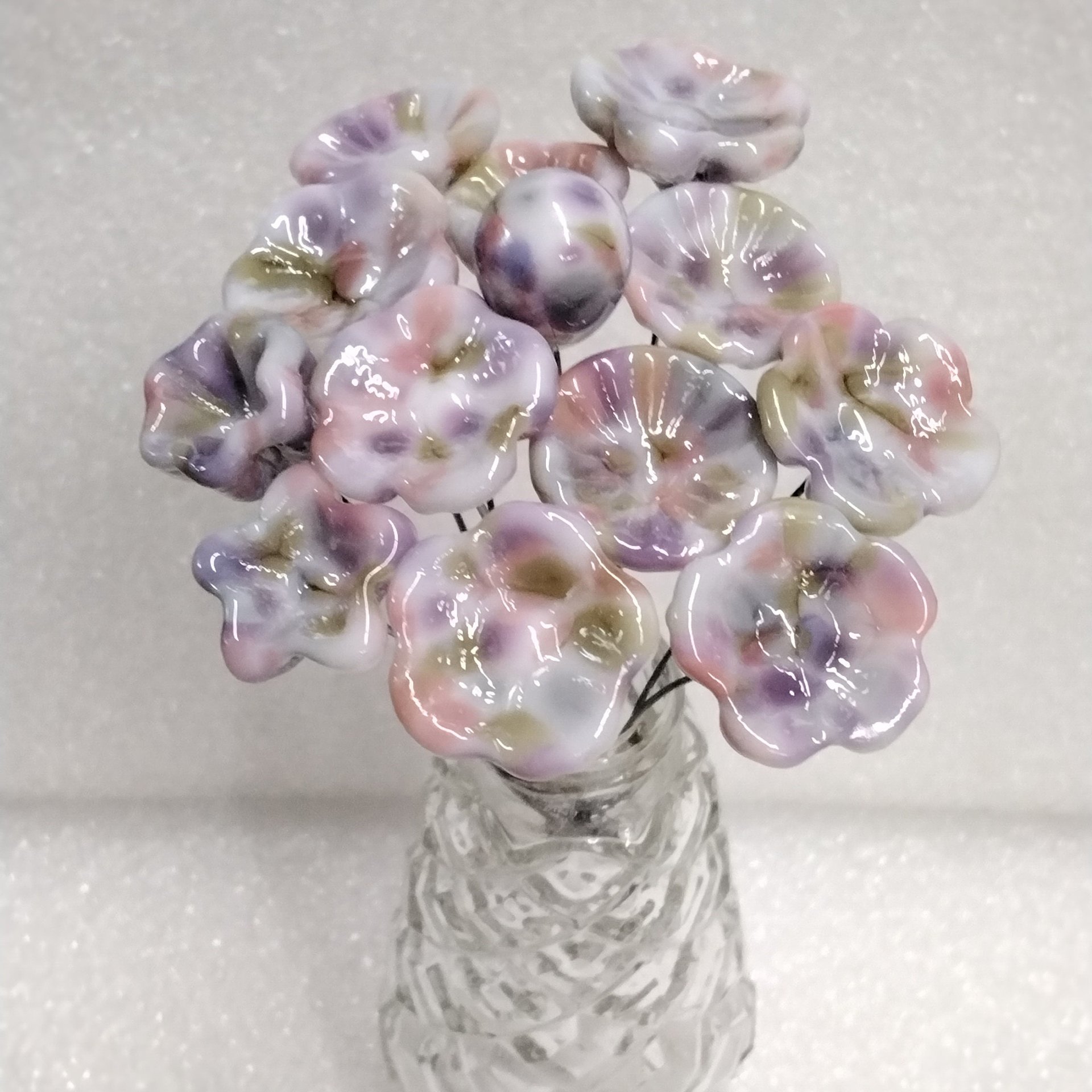 Grandma's Quilt glass flowers; tiny small mini glass flowers on wire; individually crafted lampwork; vintage, antique, nostalgic soft pastel