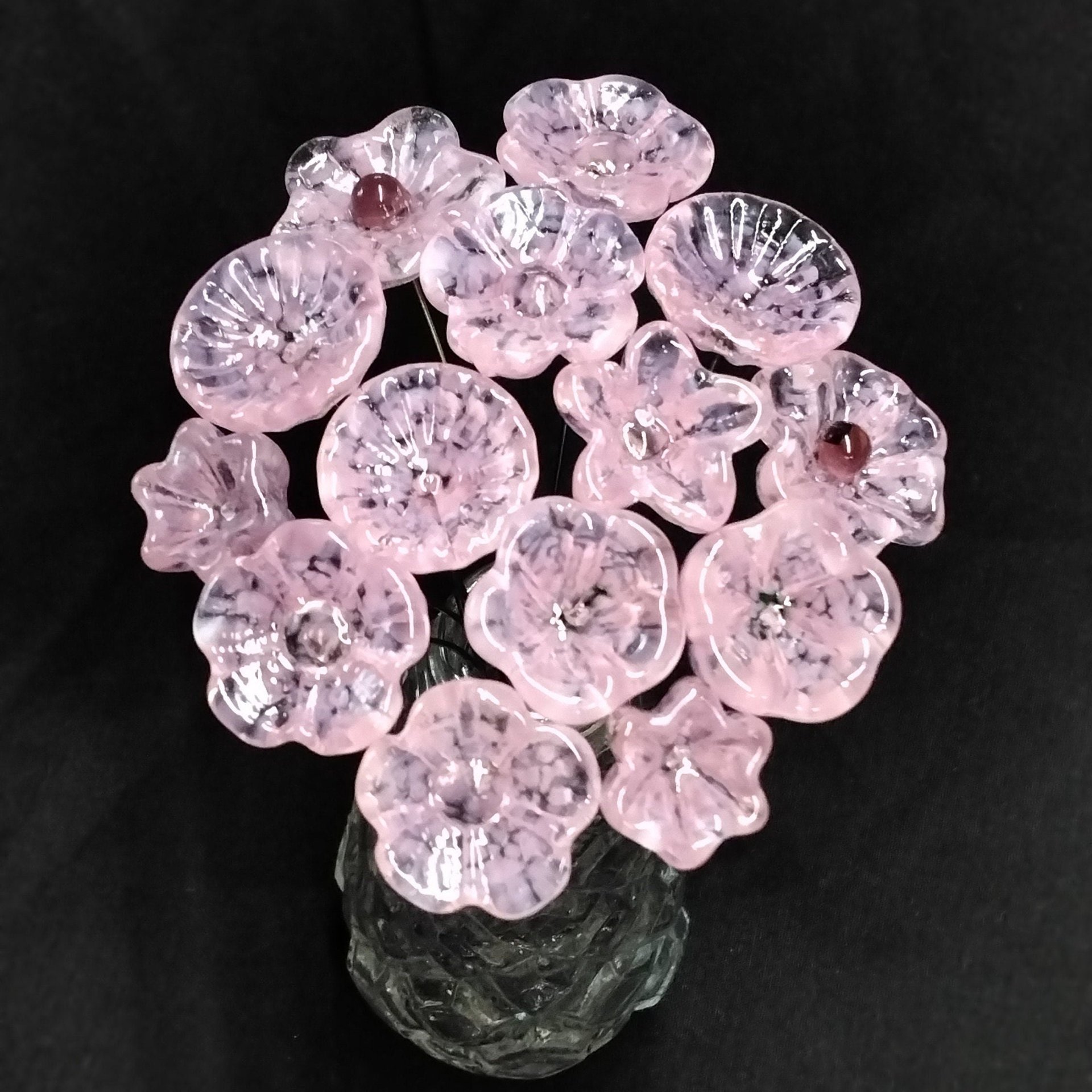 SOFT PINK glass flowers; tiny small mini glass flowers on wire headpins; handcrafted, bouquet, jewelry supply, gift, curio, windowsill
