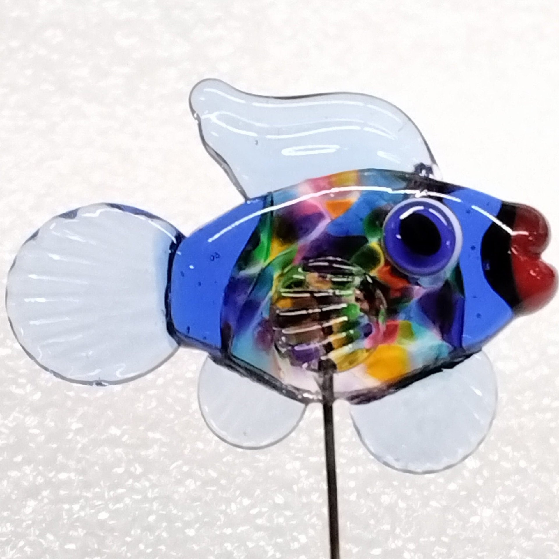 RAINBOW KALEIDOSCOPE FISH glass sculpture 5" high; handmade lampwork small fish sculpture on wire  ~ tiny small miniature glass fish