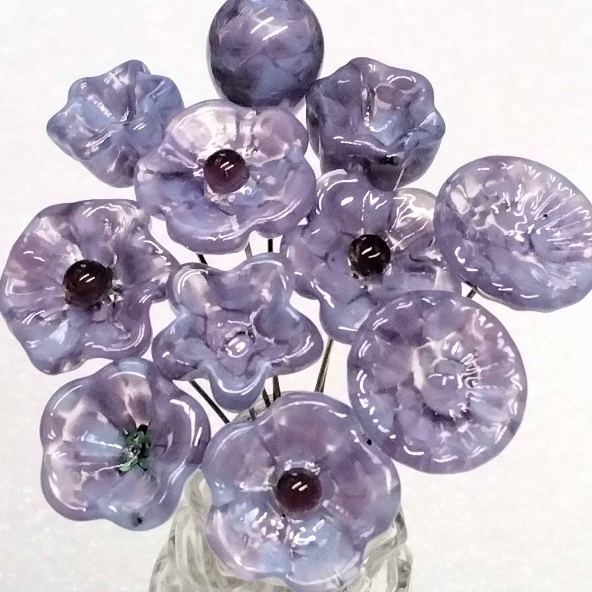 SOFT LAVENDER MOTTLE glass flowers, tiny small mini glass flowers on wire; handcrafted lampwork, jewelry, mixed media, weddings, plant gift