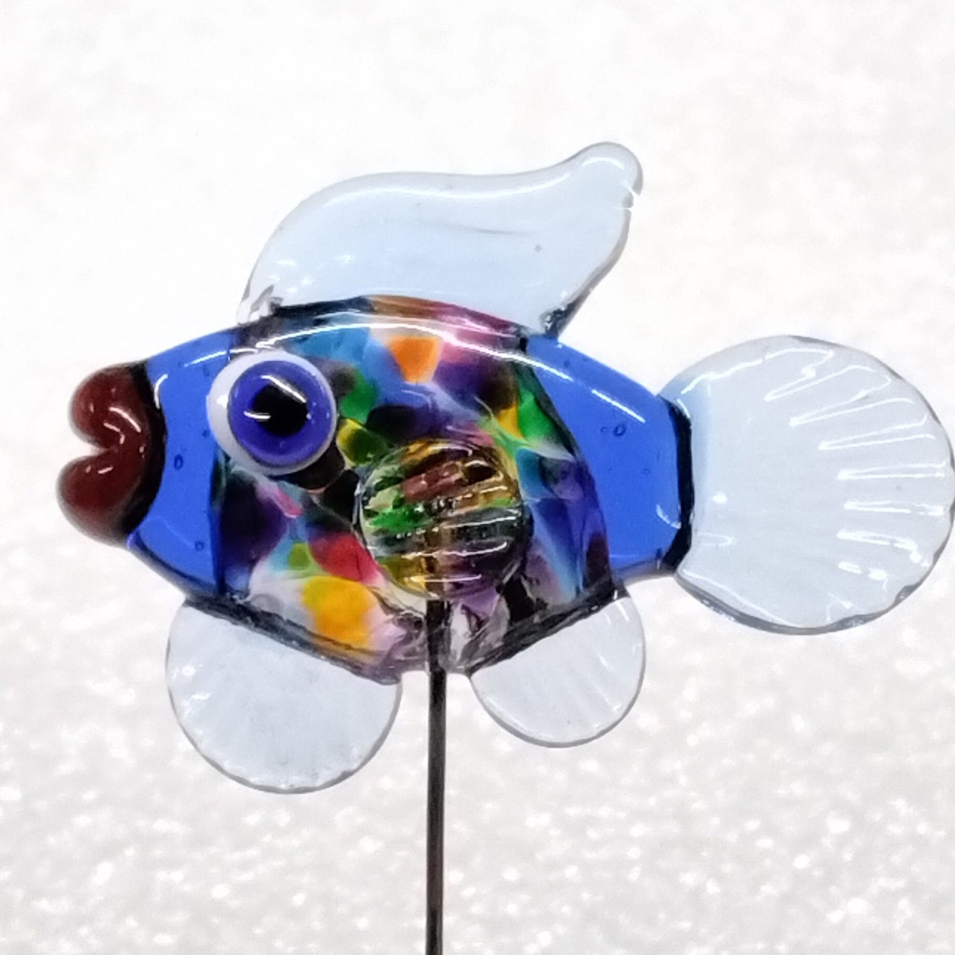 RAINBOW KALEIDOSCOPE FISH glass sculpture 5" high; handmade lampwork small fish sculpture on wire  ~ tiny small miniature glass fish