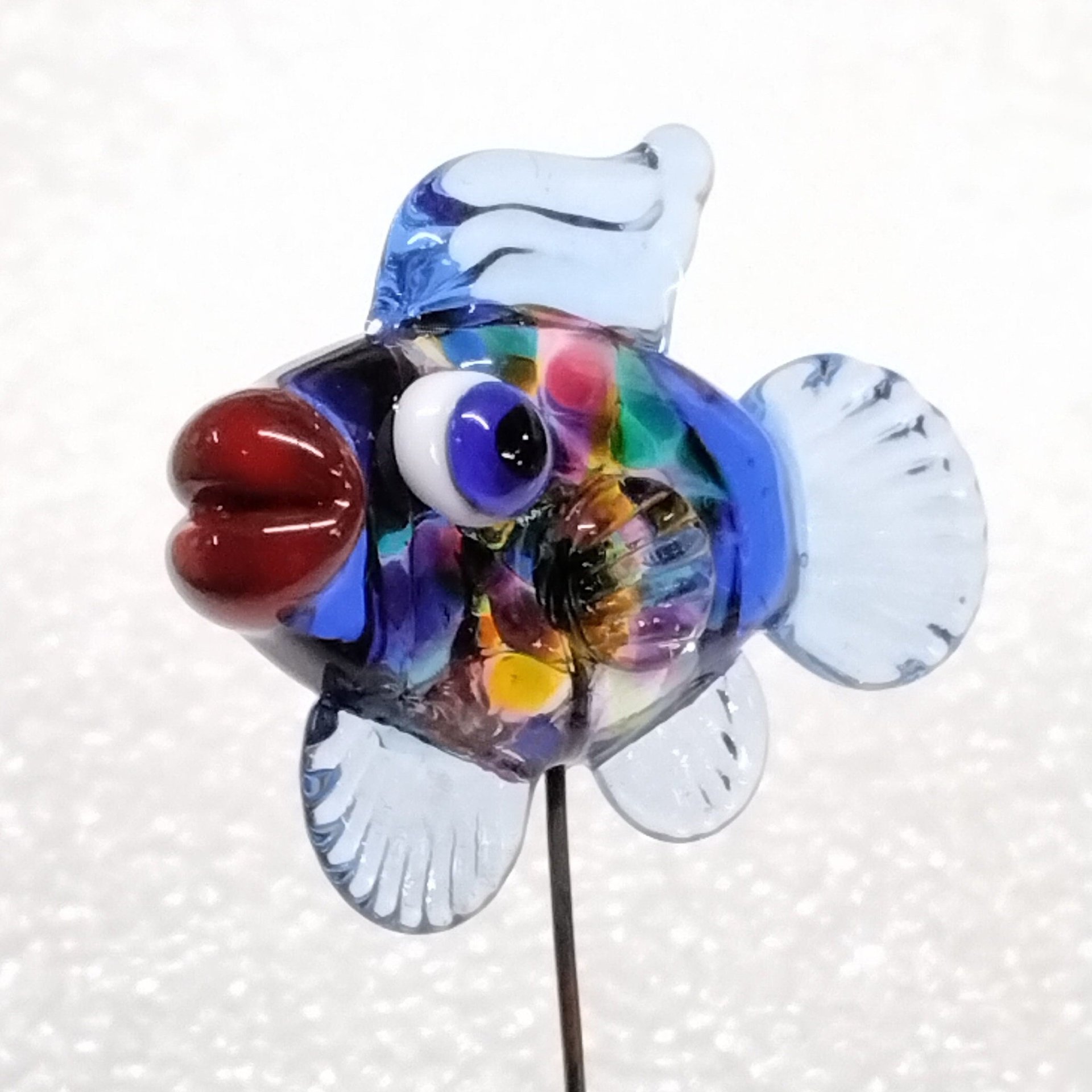 RAINBOW KALEIDOSCOPE FISH glass sculpture 5" high; handmade lampwork small fish sculpture on wire  ~ tiny small miniature glass fish