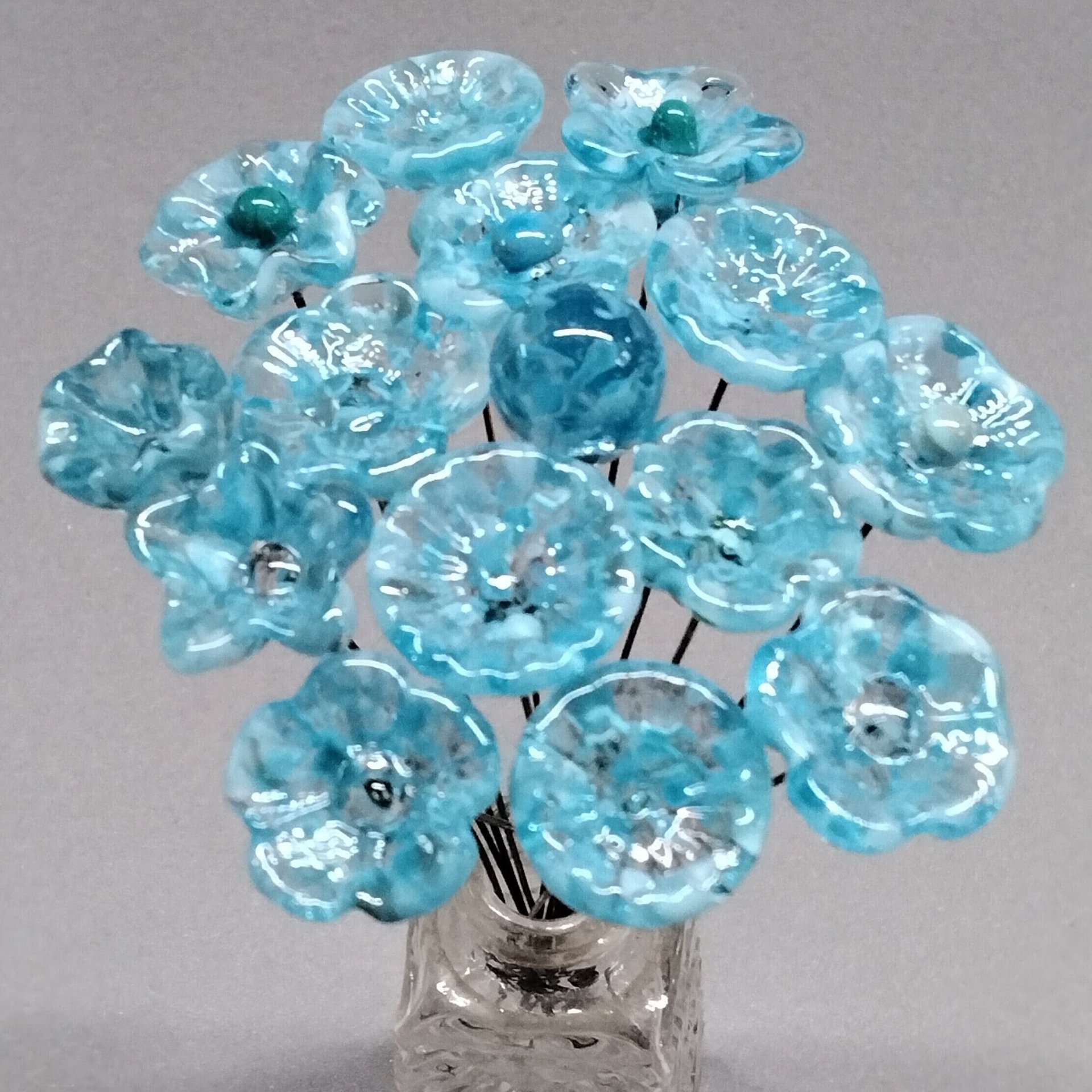 TURQUOISE VARIEGATED glass flowers;  mini tiny small glass flowers on wire; handcrafted lampwork, jewelry, mixed media, wedding, small gift