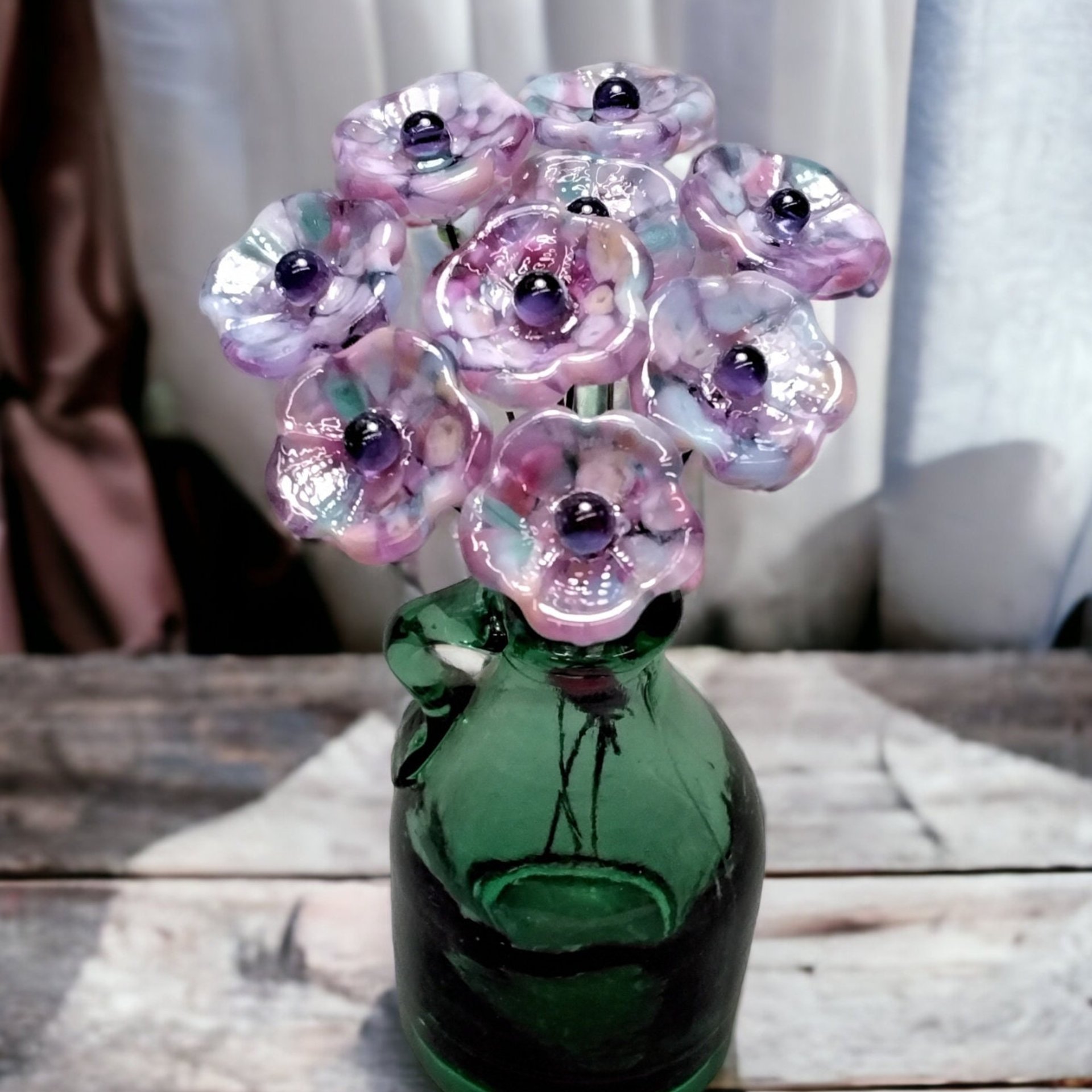 Lavender Garden glass 5-petal mini glass flowers, tiny, small glass flowers on wire; hadcrafted lampwork, jewelry, mixed media, plant gift
