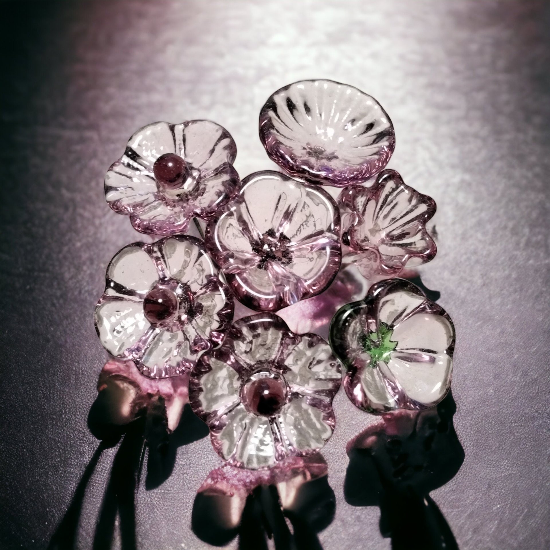 LIGHT ROSE' WINE 5-petal glass flower headpins ~ tiny small mini glass flowers on wire; handcrafted lampwork,