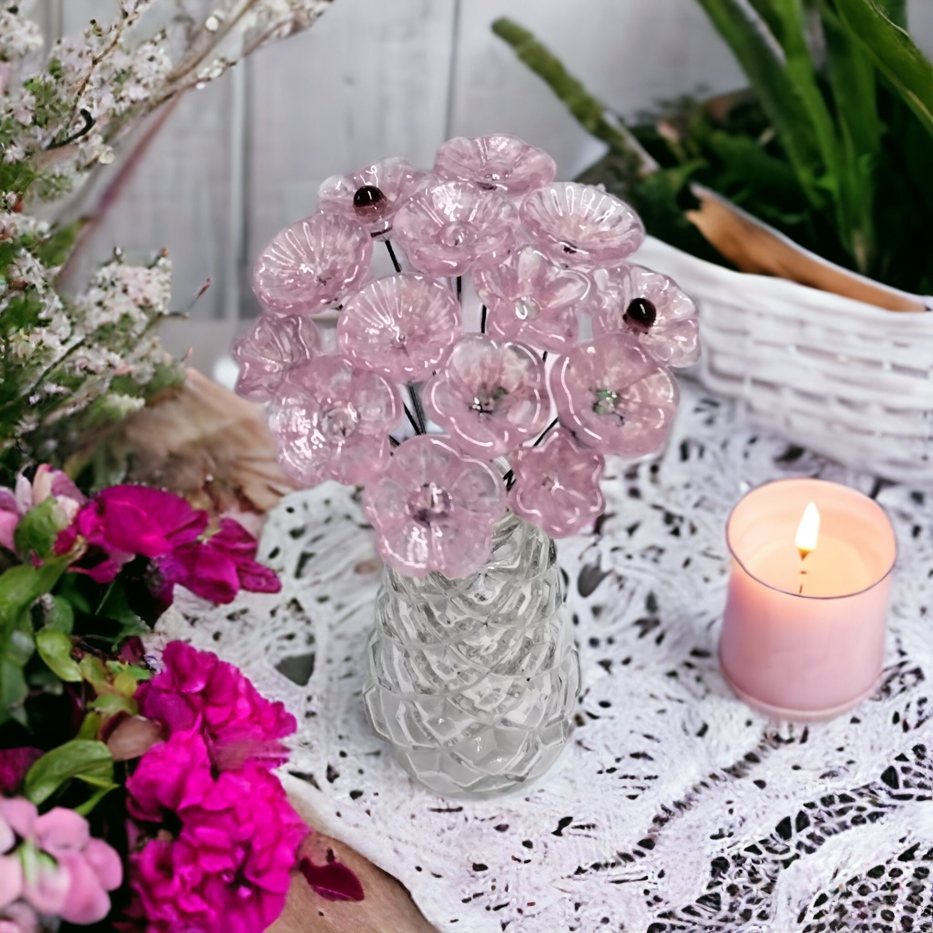 SOFT PINK glass flowers; tiny small mini glass flowers on wire headpins; handcrafted, bouquet, jewelry supply, gift, curio, windowsill