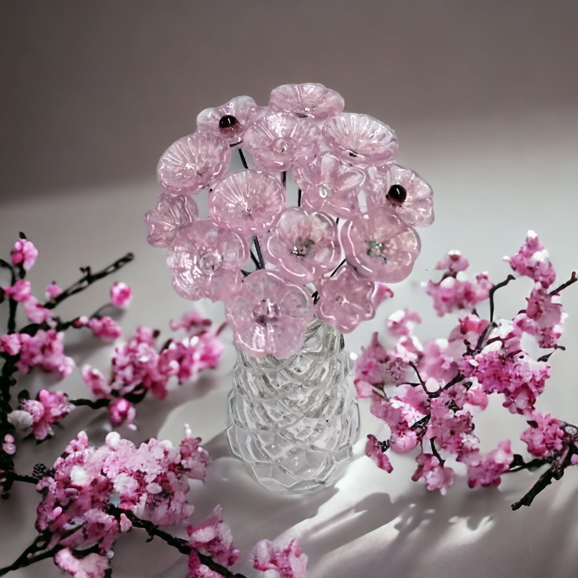 SOFT PINK glass flowers; tiny small mini glass flowers on wire headpins; handcrafted, bouquet, jewelry supply, gift, curio, windowsill